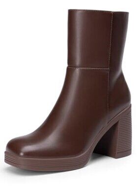 Dark Brown Platform Gogo Ankle Boots Square Toe Chunky High Heel Side Zip